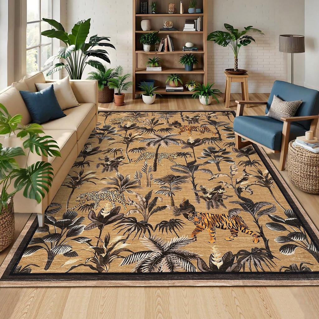 Tropical Jungle Plants Carpet Tiger Print Carpet Soft Thin Carpet Indoor Floor for Bedroom Living Room Office Kitchen Carpets