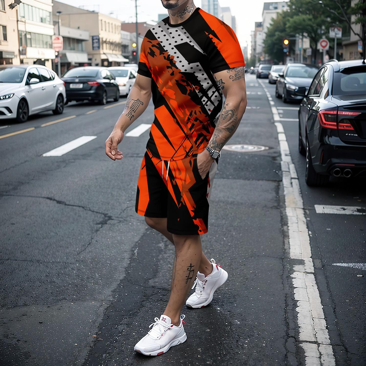 

Summer new 3D splicing men s short-sleeved T-shirt shorts running sports suit XL