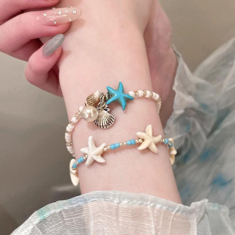 Seaside vacation~ blue shell starfish bracelet women's island beaded accessories bracelet new stacked jewelry