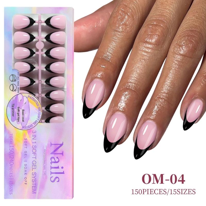 150Pcs Black French Tip Gel Nail Tips Short Coffin Shape Press on Nails Short for Women False Nails 15 Sizes