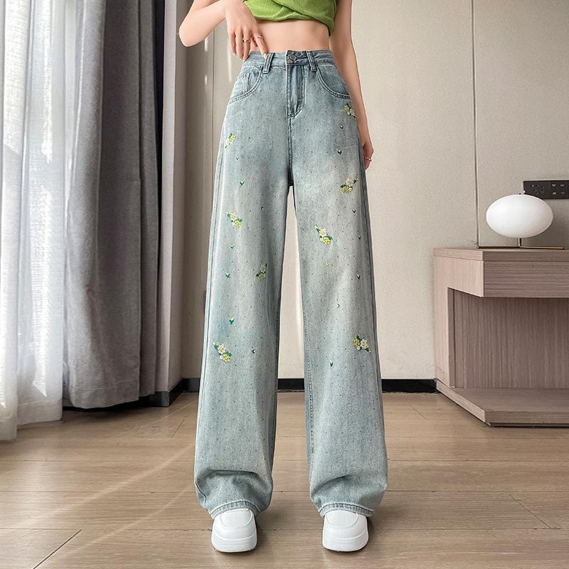 

Весна-лето Женские цветочные вышитые бисером джинсы Винтажные с высокой талией Милые джинсовые брюки Женская мода Y2k Одежда Уличная одежда M жёлтый