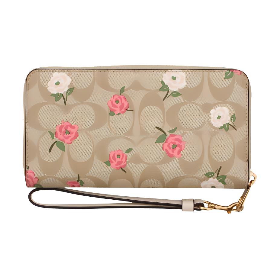 Coach Zip Around 19 Floral Print Coated Canvas And Calfskin Wallet Women wallet Gold Light-Khaki Multicolor CR966-IMOTV