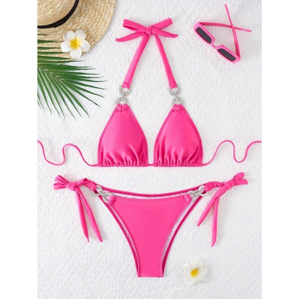 2-teiliges Strass-verziertes Dreieck-Bikini-Set Kettenglied-Neckholder-Bindeband, Funkelnder blauer Glitzer, Badeanzug für Karneval, Musikfestival,