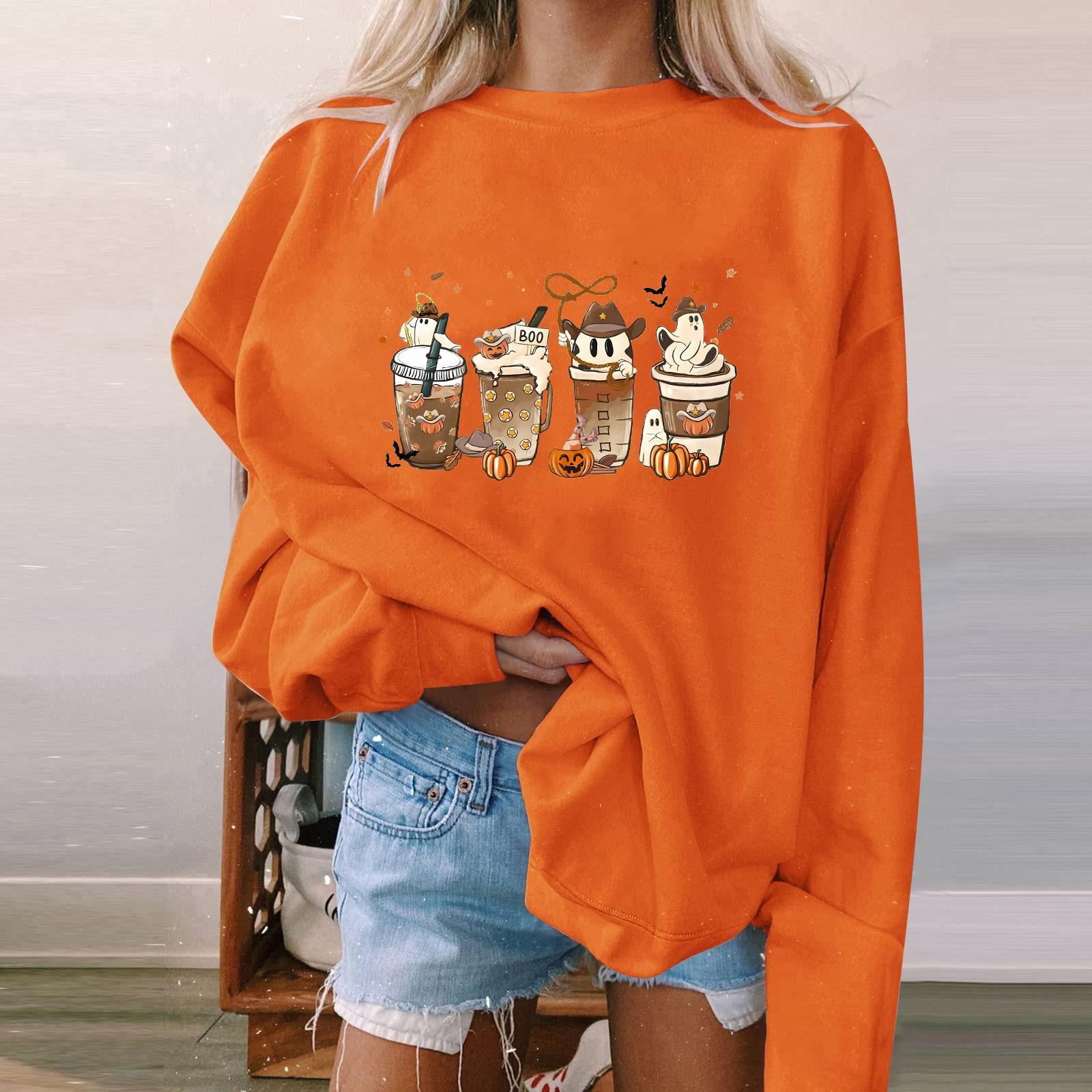 

Женский пуловер с принтом Хэллоуина, круглый вырез, заниженная линия плеча, блузка с длинными рукавами XL оранжевый