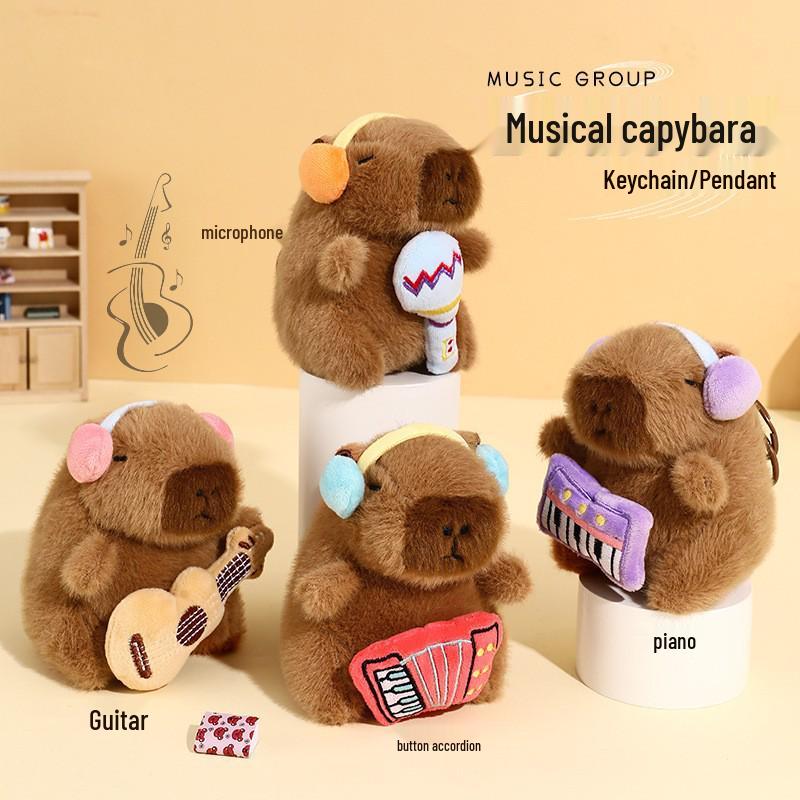 Adorable Capybara Plush Pendant with Floral Quilted Military Coat Keychain