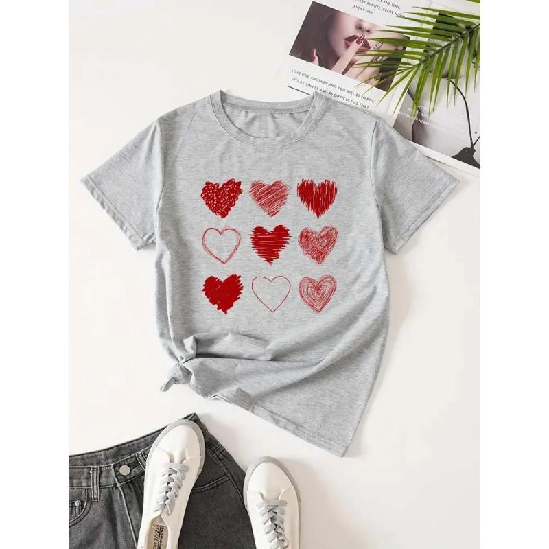 Red Heart Printed Women T-Shirts Fashion Streetwear Short Sleeve Tee Clothing Casual Soft Women Tops Valentine's Day T-shirt