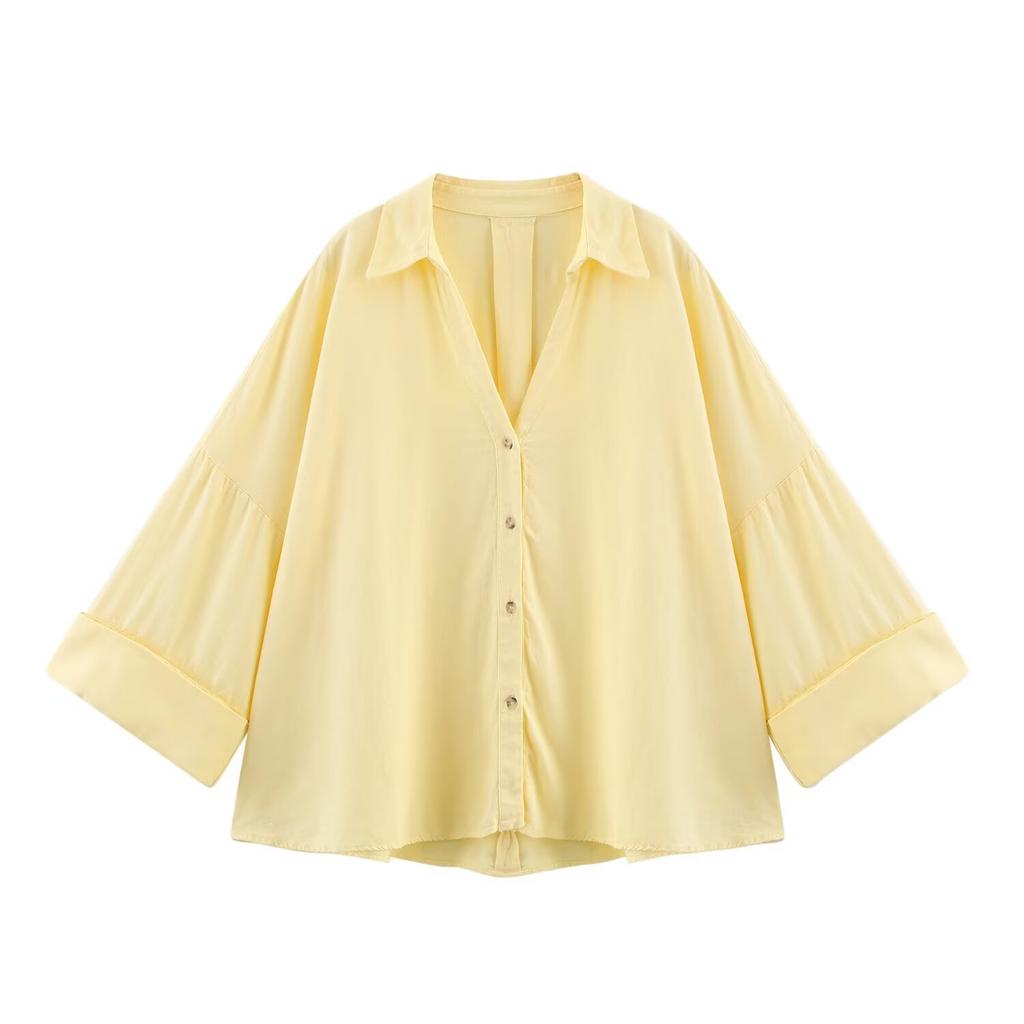 Damska koszula casualowa w paski z mieszanki lnu z szerokimi rękawami z podwinięciem, asymetryczna, z wszechstronnym kołnierzykiem, drukowana