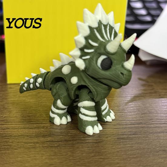 Fun Dinosaur Desk Accessory 3D Printed Three-Horned Figurine with Articulated Joints, Green White Toy Exquisite Collectible Textured Spikes,