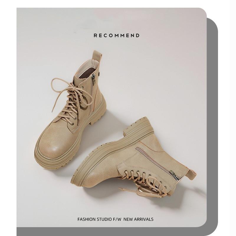 Soft cowhide~ Leather lace-up Martin boots for women's new low-top British style sweet and cool locomotive thick-soled heightening short boots