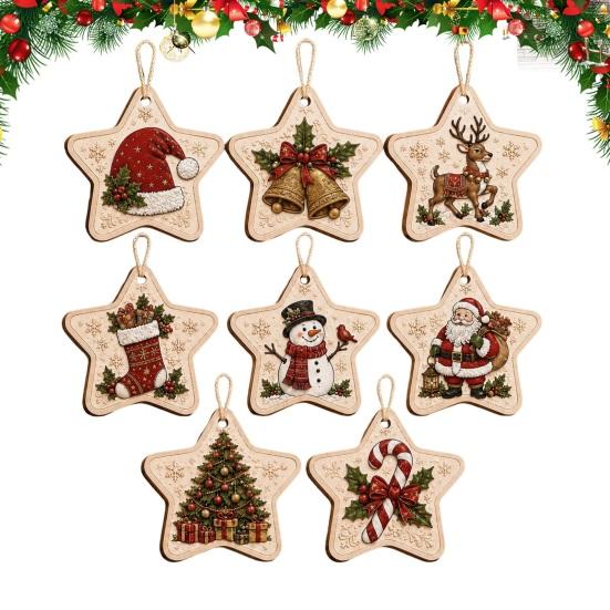 Handcrafted Home Pendant 8Pcs Wooden Christmas Tree Ornament Set, 2D Flat Rearview Mirror Exquisite Window Hanging Pendant, Nordic Minimalist