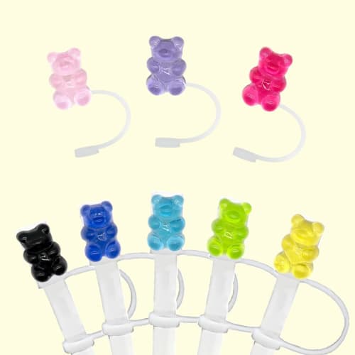 VOXILFE Cute Bear-Shaped Straw Caps, 10-Pack, 10 Colors, Dustproof, Reusable Silicone Straw Caps for Tumblers, Compatible with Stanley Cups