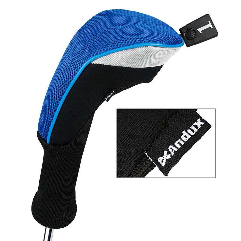 Andux Golf Long Neck Wood Driver Headcovers with Interchangeable Numbered Set of 3 Tags, (Blue)