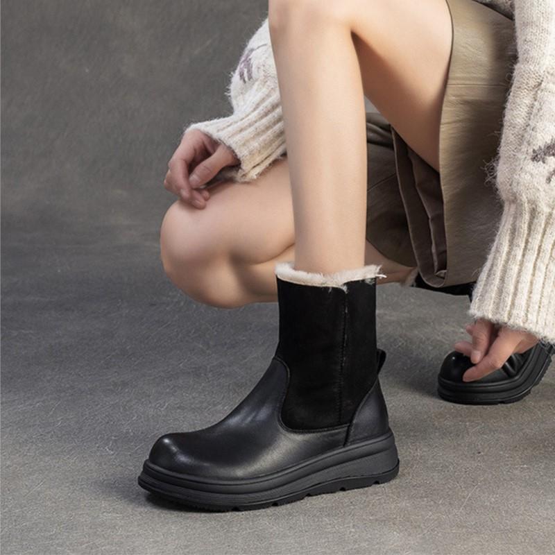 Johnature Retro Wool Warm Short Boots Genuine Leather Round Toe Side Zipper Thick Bottom Women's Shoes