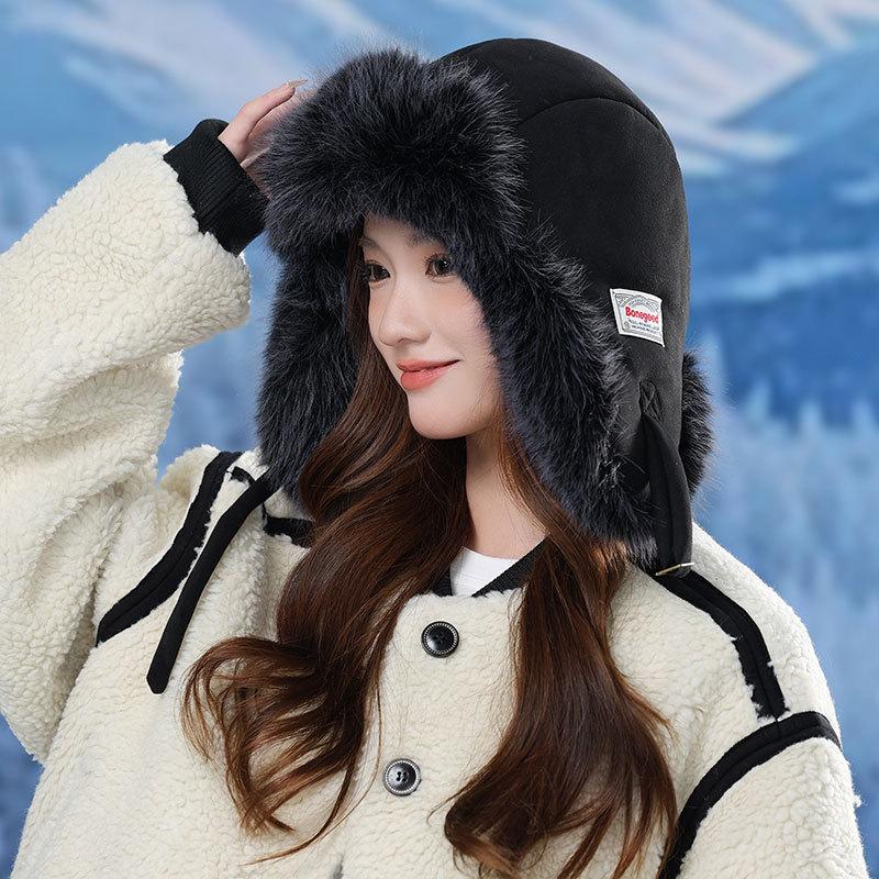 Thickened Wind and Cold Lightning Front Hat Winter Women's Outdoor Fleece Ear Protection Hat Plush Ski Hat