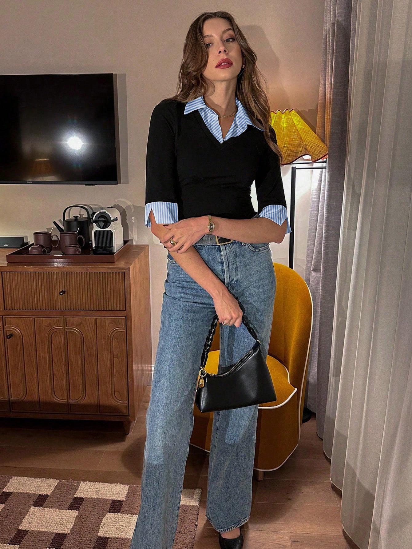 Elegant Two-Piece Mid-Length Sleeve Shirt Collar Top: Versatile, Fashionable, Slimming, Casual T-Shirt Large
