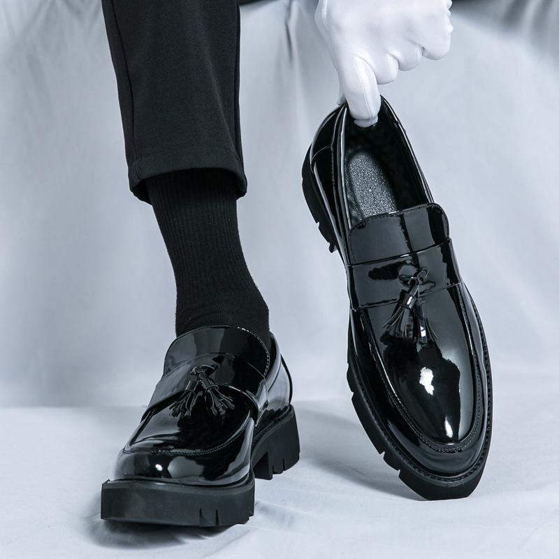 Spring Men's Big Head Shoes Platform-soled Glossy Fringed Leather Shoes Men's Casual Large-size Loafers Hairstylist Men's Shoes