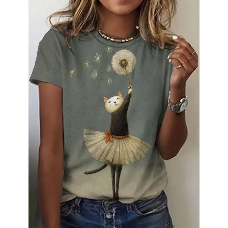 Dandelion Short Sleeve Fashion Women's 3D Dandelion Color Printing Crew Neck T-Shirt Crew Neck Short Sleeve