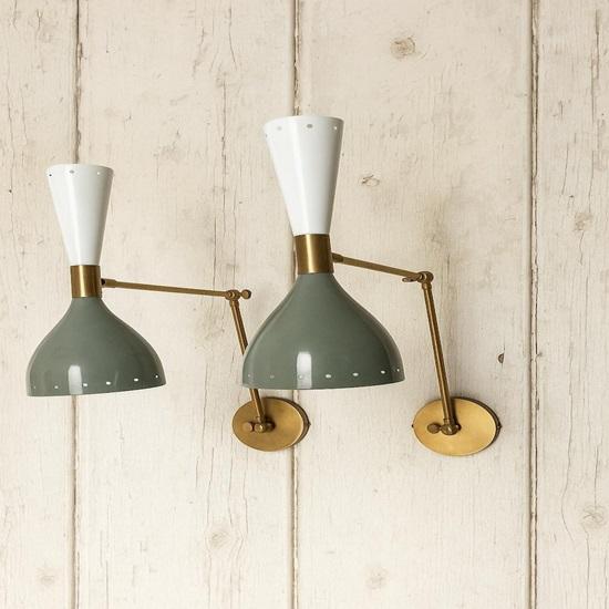 Mid-Century Modern Diabolo Wall Sconce Pair Italian Brass Adjustable Lighting  Lime Green Color