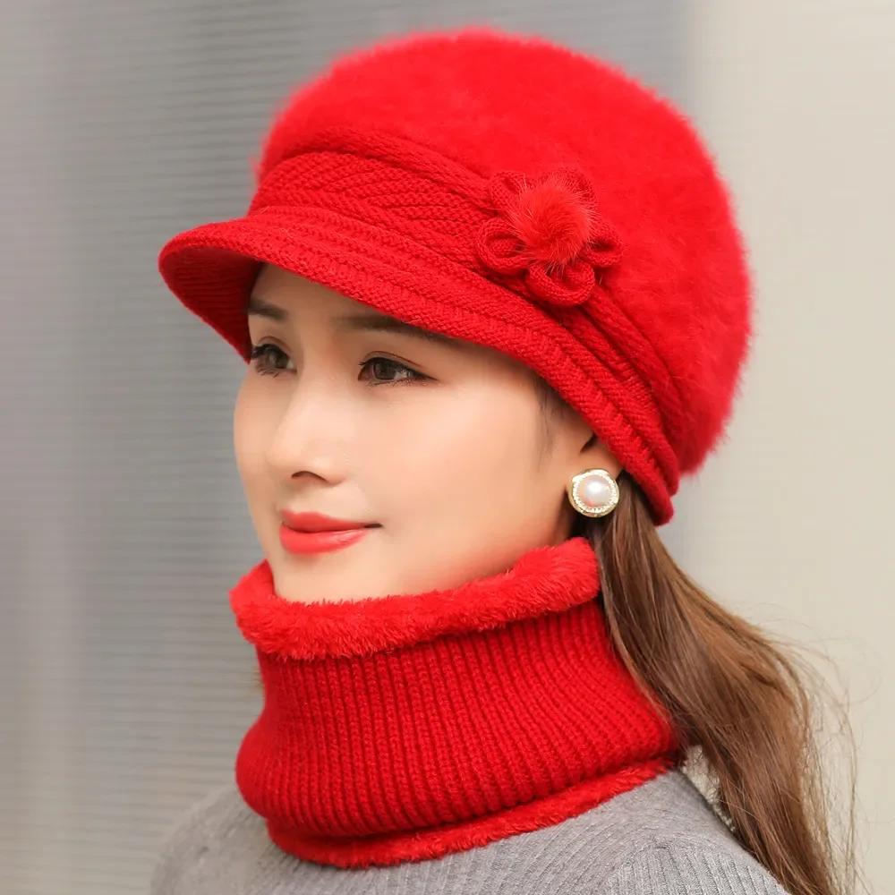 

Hot Sale Women Winter Hat Keep Warm Cap Plush Fur Lined Hat &Scarf Warm Set 55cm-58cm красный