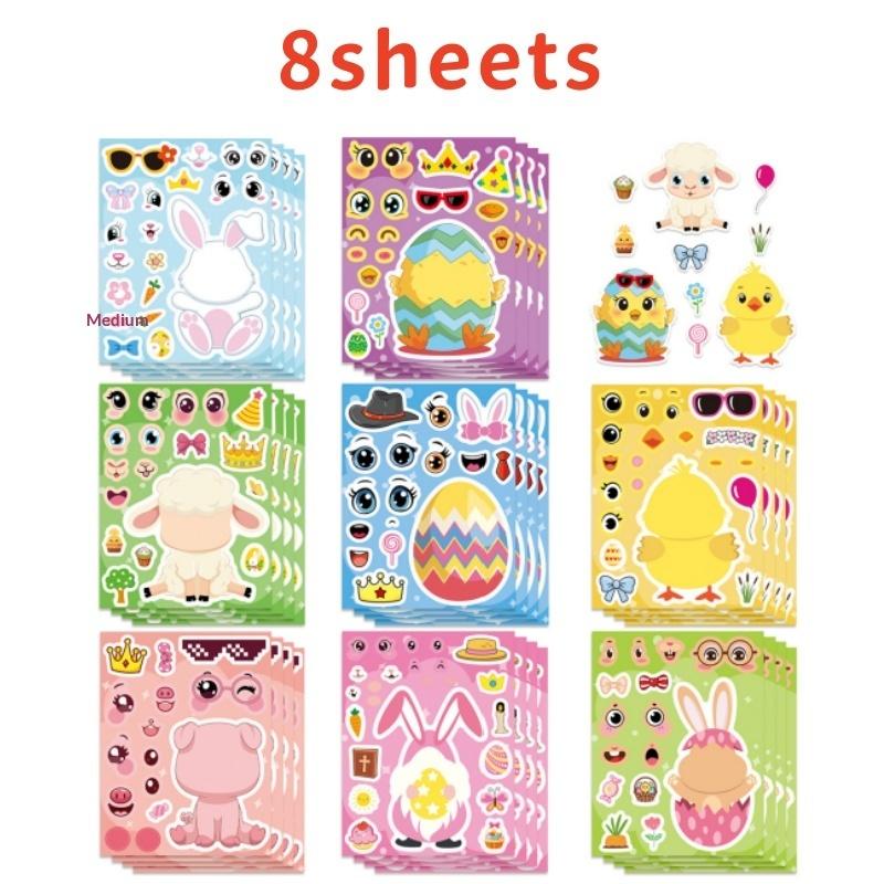 8/16 Sheets Cartoon Easter Eggs Puzzle Stickers Make Your Own Kawaii Chick Cow Rabbit Decals Children Jigsaw Toys For Kids Gift