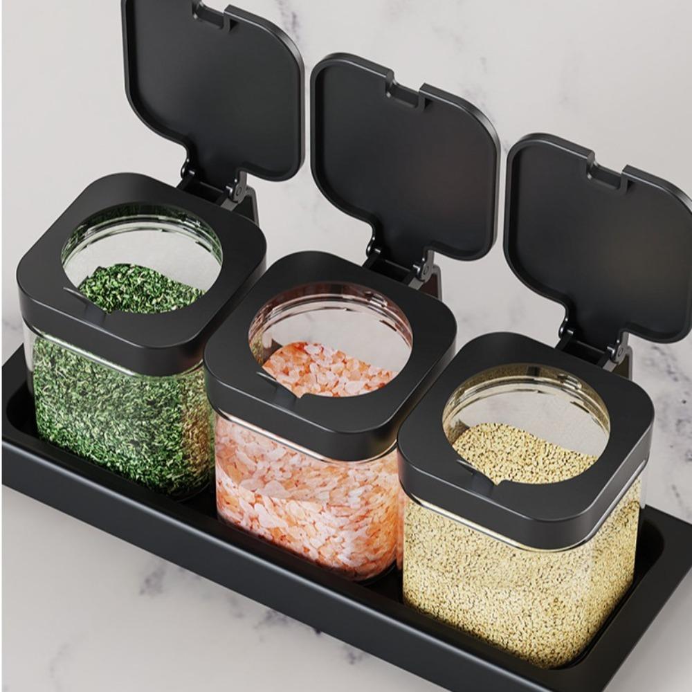 4Pcs with Spoon Seasoning Jars Glass Spice Containers Combination Seasoning Box Set  Kitchen Gadgets