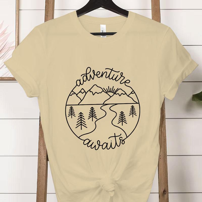 Adventure Awaits Outdoor Graphic T Shirts Women Mountain Nature Lover Gift Crew Neck Short Sleeve Tshirt Adventure Classic Tops