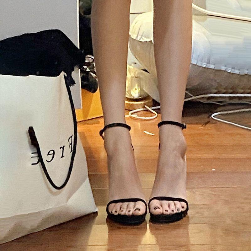 High heels women's 2025 new summer one-word strap stiletto black sexy fashion Roman Internet celebrity sandals ins