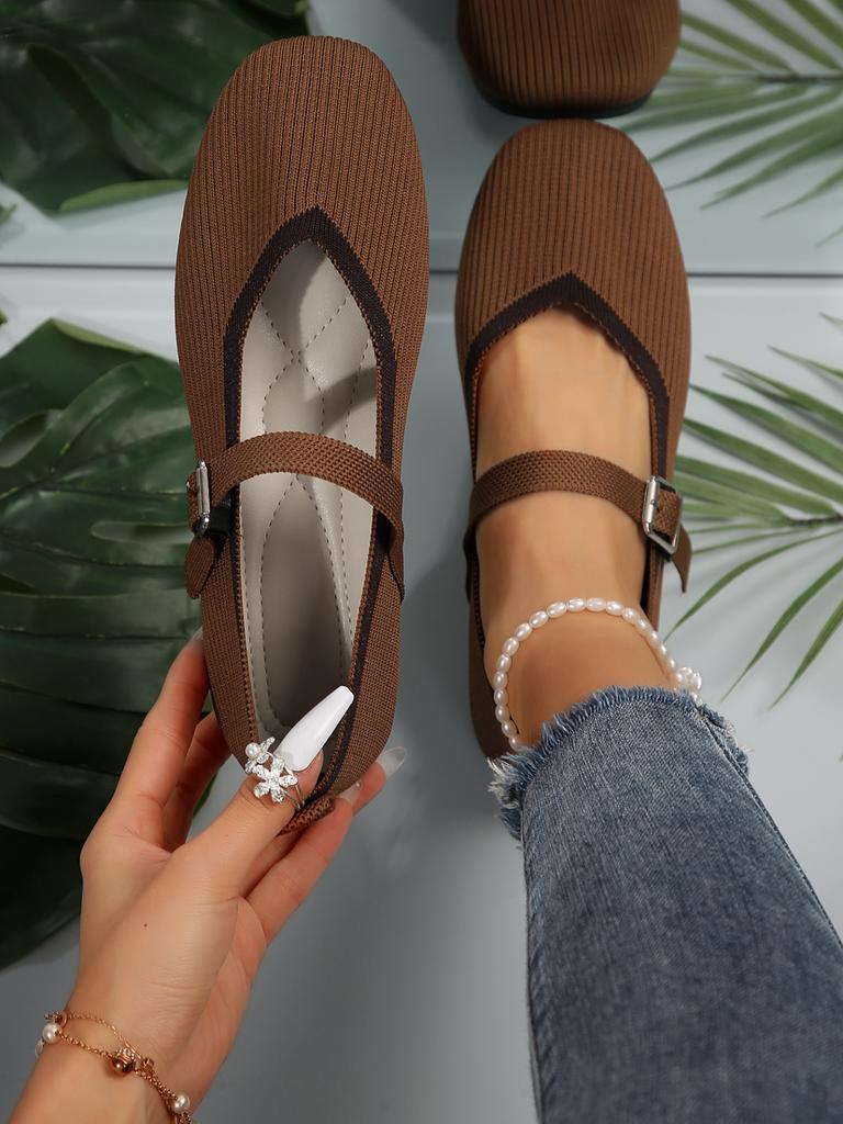 Fashion Four Seasons Women's Shoes Simple Fabric Flat Shoe Buckle Strap Square Toe Shallow Mouth Knitted Fabric Women's Casual Shoes