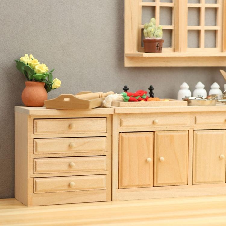 Natural Wood Dollhouses Kitchen Cabinet Miniature Furniture Model Figurine For Realistic Scene Display Arrangement