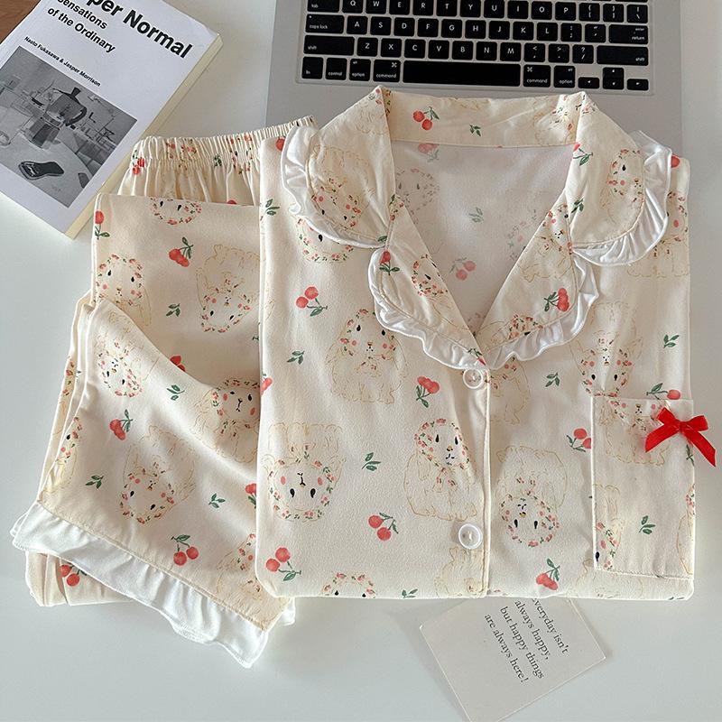 

Пижама женская из имитации хлопка Wind Cherry Bunny на весну и осень, с длинным рукавом и тонкой отделкой краев «лепесток лотоса», домашняя одежда, реальное фото 2XL