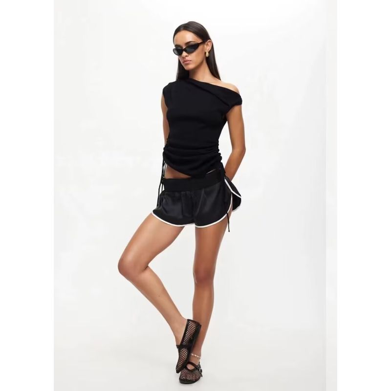 

Ruched Lioness Slim-Fit Oblique Shoulder Dress Drawstring Black Tops L