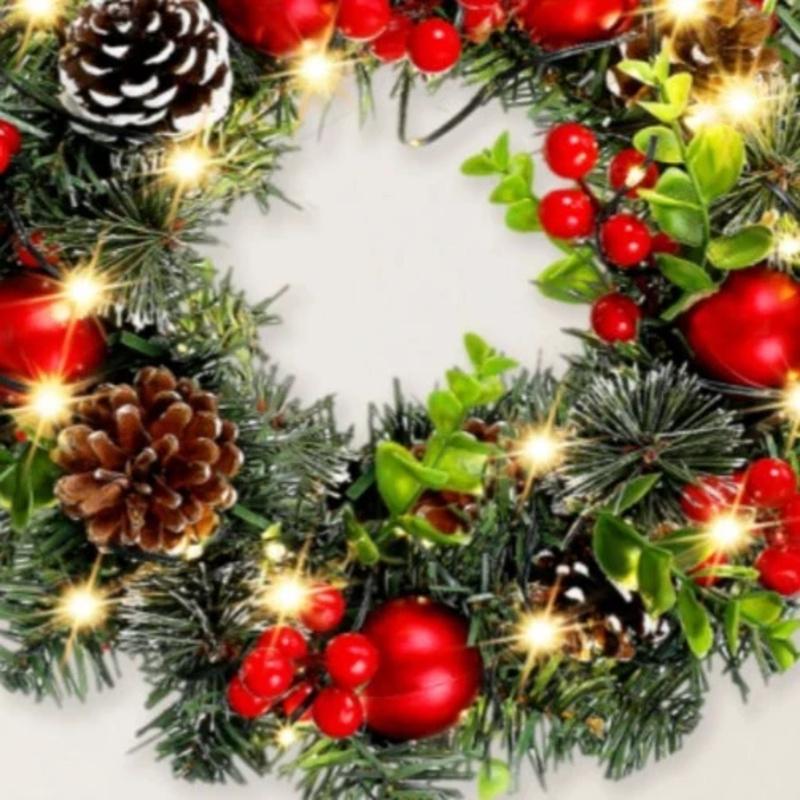 Christmas Wreath Decoration Pine Needles, Pinecones, Red Berries Door Hanging Holiday Atmosphere Decorative Accent