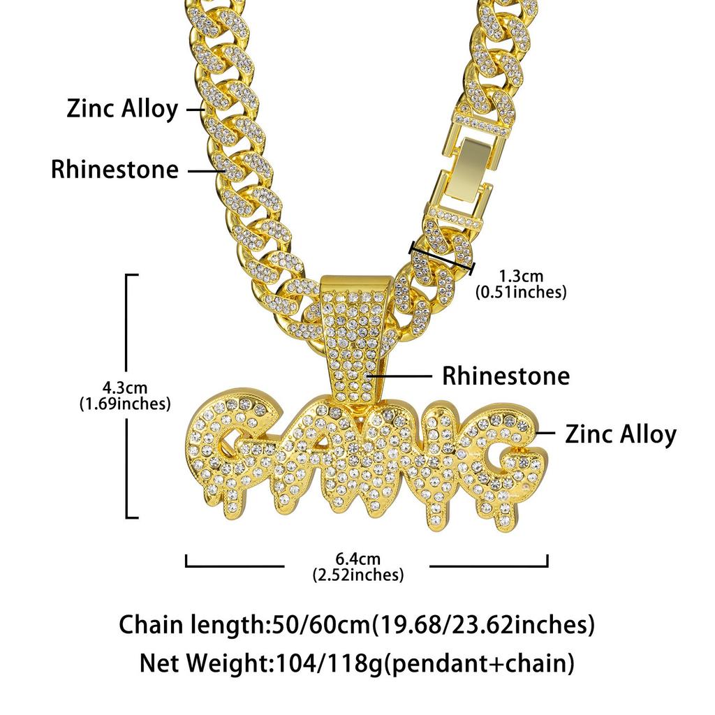 Herren Iced Out Blasenbuchstaben GANG Anhänger Zinklegierung Kristall & Strass Cuban Chain Trendiger Party Streetwear Schmuck
