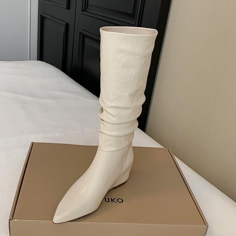 

Off-white wedge heel pointed pile boots long boots women s shoes 2025 new spring, autumn and winter tall thin knight boots 34