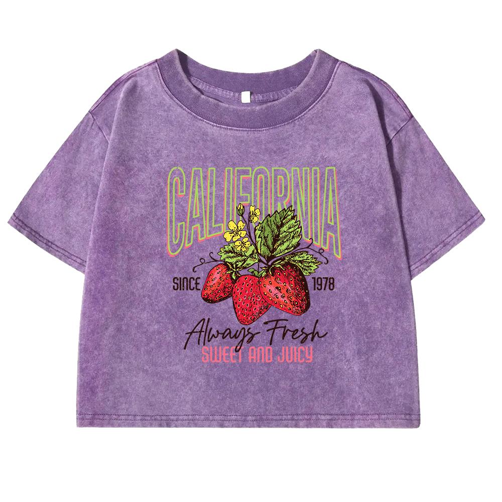 California Strawberries Print Women Tshirts Washed Street Retro Short Sleeve Slim Summer Fitness Clothing