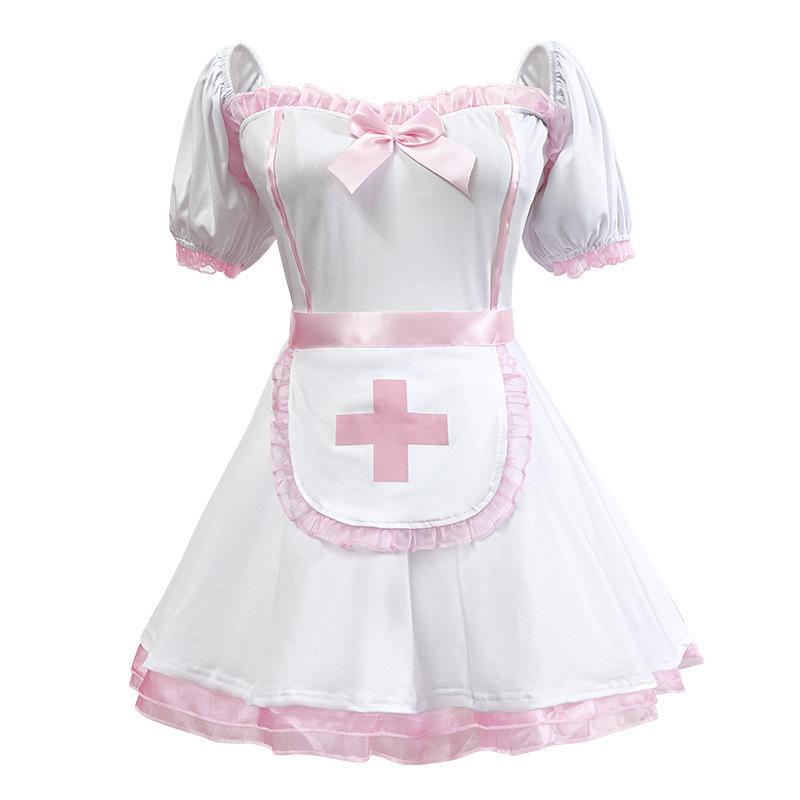 Women's Carnival Japanese Anime Nurse Lolita Dress Set for Women, Sexy Sweet Cute Style (Dress+Apron+Hair Accessory)