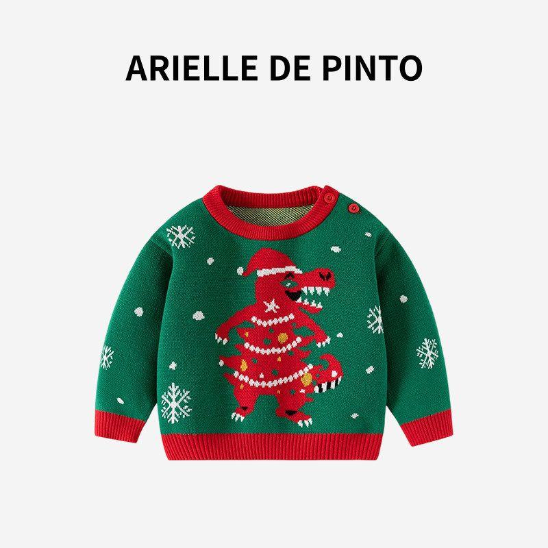 French Arielle De Pinto Knitted Sweater for Boys and Girls, Autumn and Winter Sweater, Christmas Dinosaur, European and American Stylish Top Green-Bd889 140
