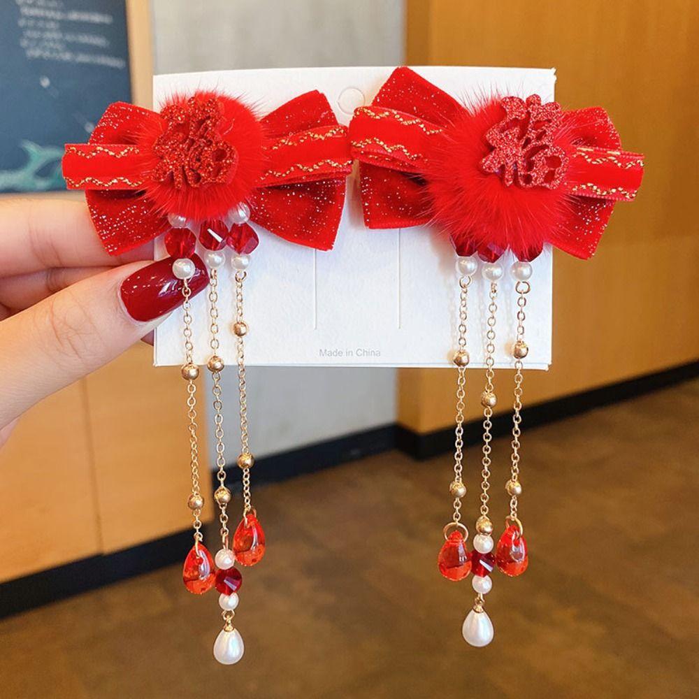 2pcs Chinese Style Children Hair Clip Tassel Red Wig Braid Hairpin Traditional New Year Headwear