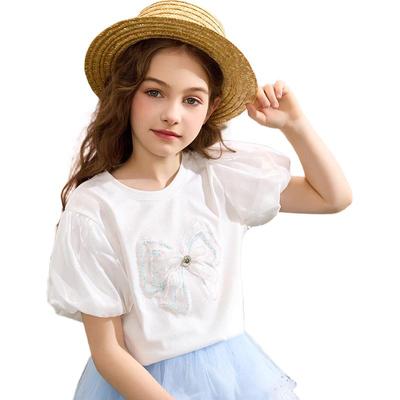 ASK JUNIOR Girls' Puff Sleeve T-Shirt with 3D Bow