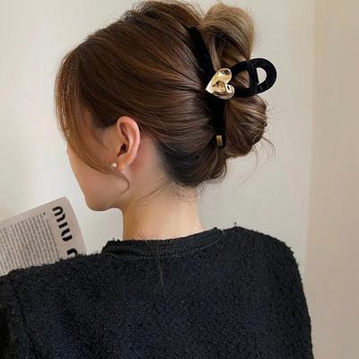 Pince à cheveux noire, pince à griffes pour cheveux dorée en forme de cœur pour femme, automne et hiver, pinces à cheveux de grande taille, accessoires pour cheveux élégants