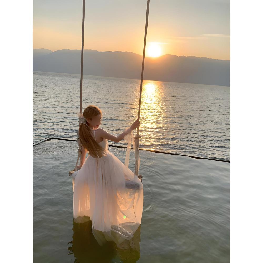 

Повседневное платье-фея для летнего курорта, длинная юбка, белое сетчатое платье-комбинация с бабочками XL- (recommended 110-60kg)