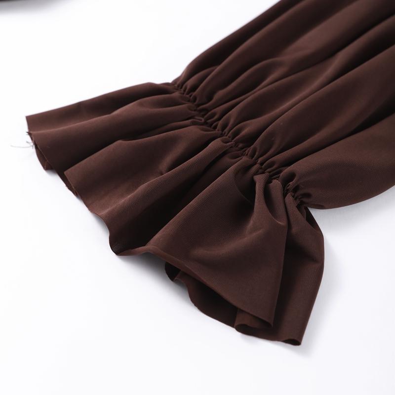 Elegant Lace Fold Dress Women Brown Deep V-neck Long Sleeve Mini Dresses Female 2025 Spring Summer Fashion Loose Lady Robe