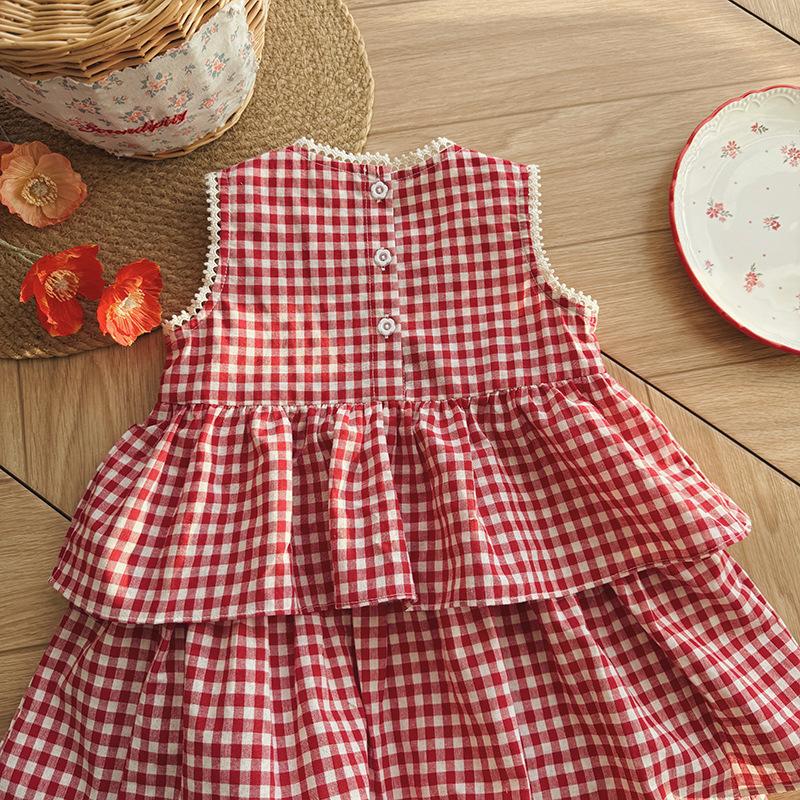 Summer Girls Sleeveless Plaid Dress With Cartoon Strawberry Embroidery Ruffled Tiered Cake Skirt Vest