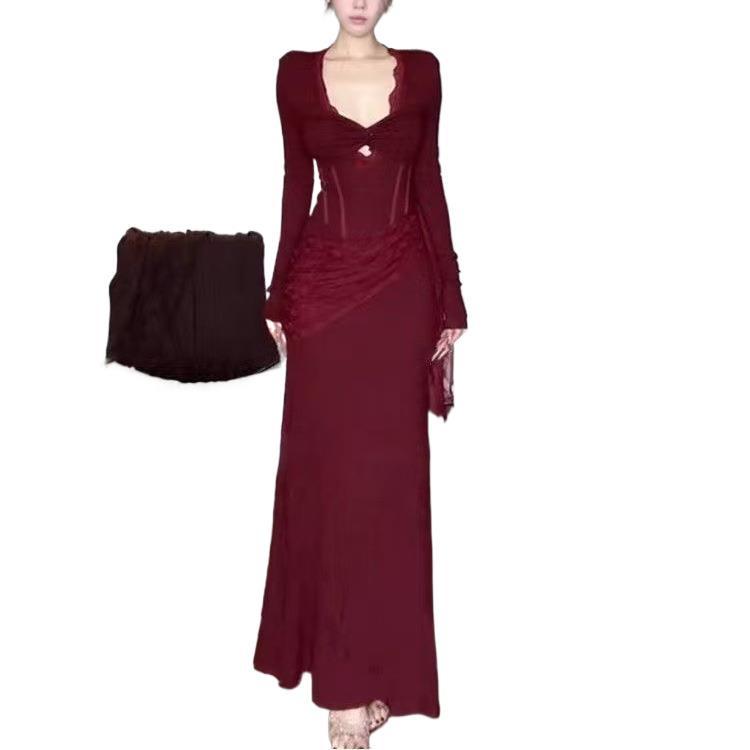 Elegant French Lace Patchwork Mermaid Gown - Slim Fit Long Sleeve Dress for Women