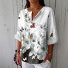 Women's Fashionable Casual V-neck Button Seven Quarter Sleeve Printed Cotton And Linen Top