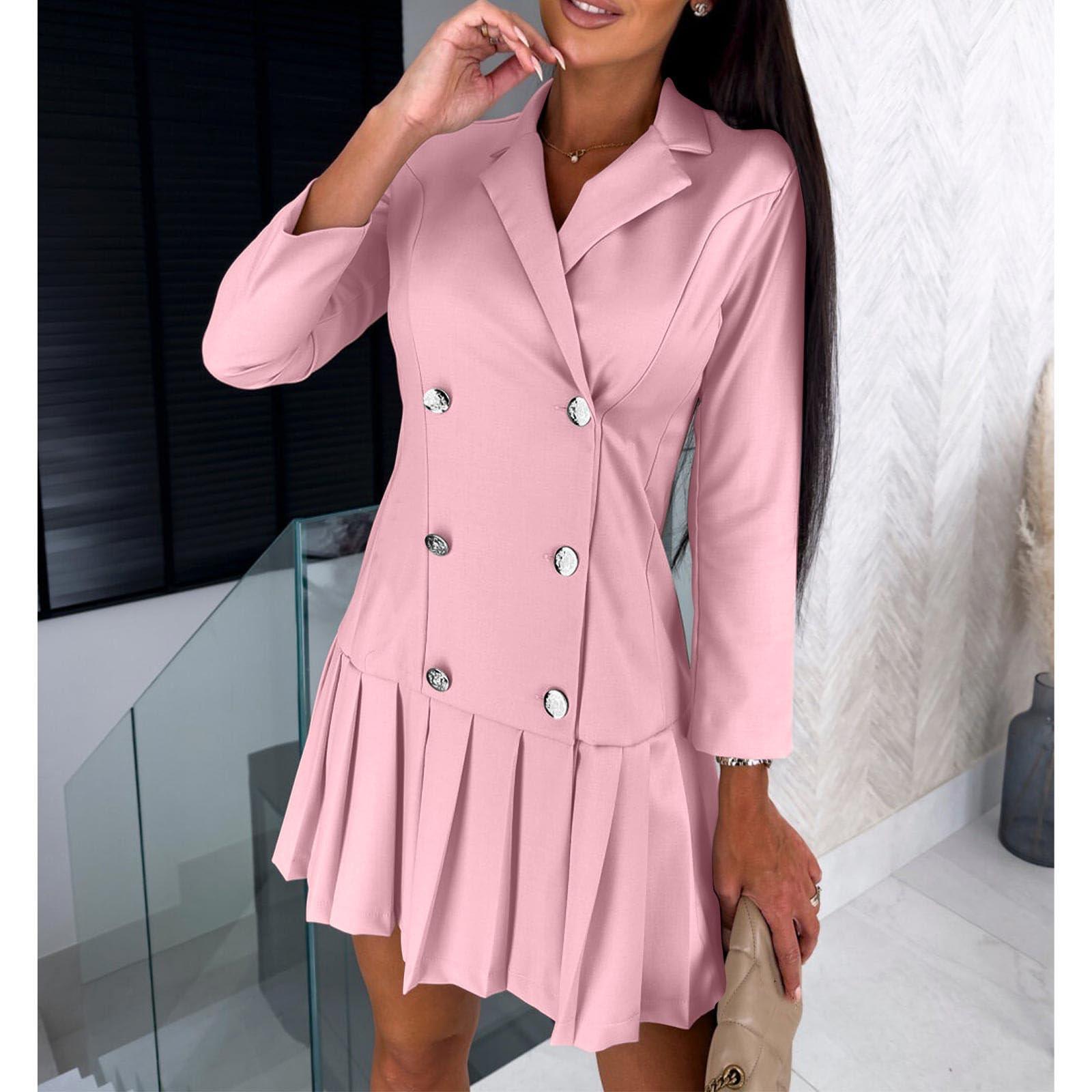 

Женские модные однотонные платья с длинным рукавом и V-образным вырезом, плиссированные, с пуговицами, для работы XXL розовый