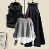 Women Large Loose Fake Two-piece Sweater Versatile Vest Slimming Half Skirt Three Piece Set