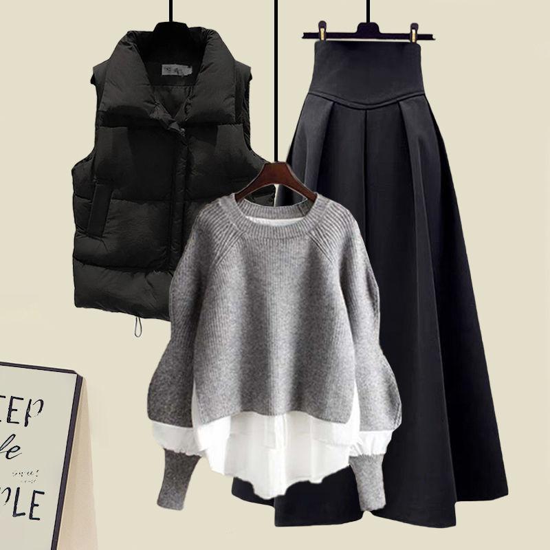 Women Large Loose Fake Two-piece Sweater Versatile Vest Slimming Half Skirt Three Piece Set
