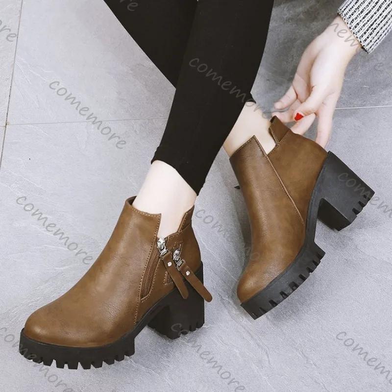 Fashion Comemore High Heels Ankle Boots for Women Spring New Fashion Thick Heel Pu Leather Platform Short Booties Ladies Zipper Botas