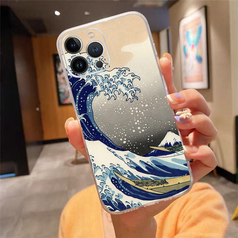 Phone Case For iphone 17 Air 17 Pro Max 16 15 14 13 Pro Max 15 16 Pro 15Plus Wave Art Japanese Green Illust